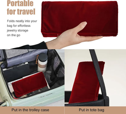 Velvet Travel Jewelry Case Roll Bag Organizer for Necklace Bracelet Earrings Ring (Black) (Burgundy)