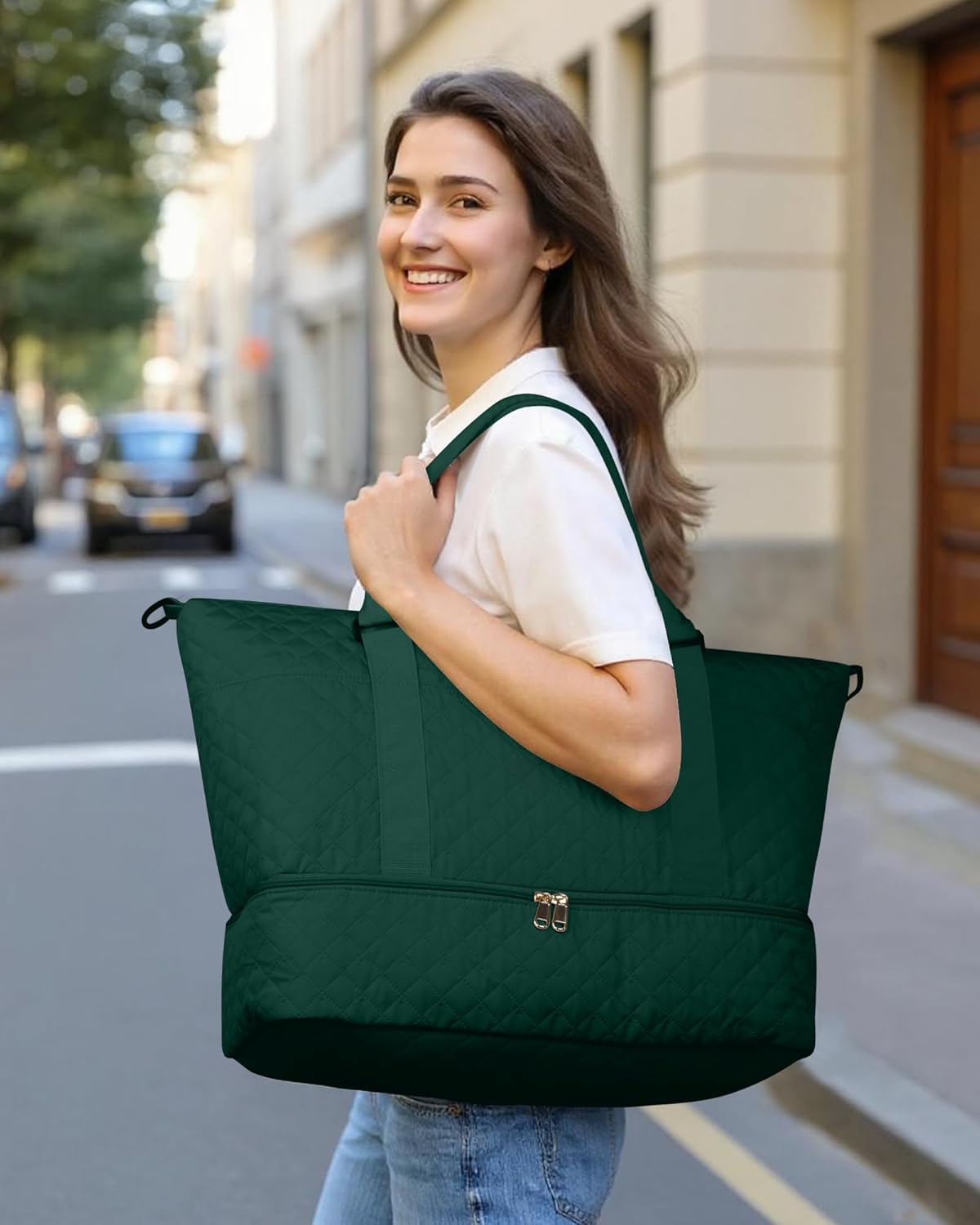 HOTOR Travel Duffel Bag - Weekender Bags for Women, Carry On Overnight Bag with Shoe Compartment, with Toiletry Bag for Travel Essentials and Travel Accessories, Dark Green, 13.4"×17.3"×7.9"