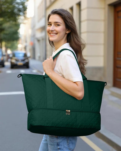 HOTOR Travel Duffel Bag - Weekender Bags for Women, Carry On Overnight Bag with Shoe Compartment, with Toiletry Bag for Travel Essentials and Travel Accessories, Dark Green, 13.4"×17.3"×7.9"