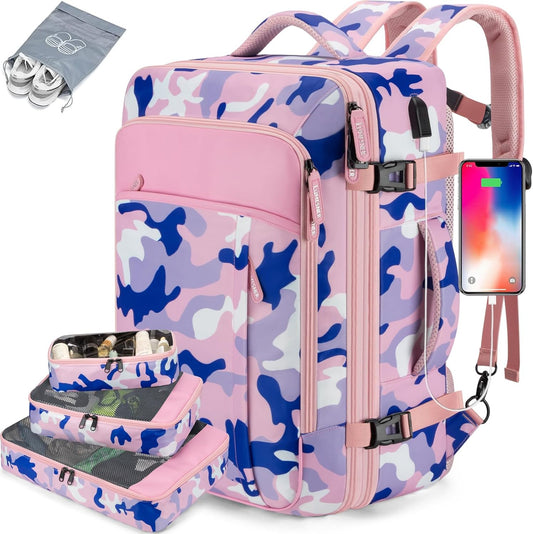 Travel Backpack 42L Carry on Backpack Flight Approved Expandable Travel Backpack Carry on Backpack Luggage Daypack (Pink Camouflage)