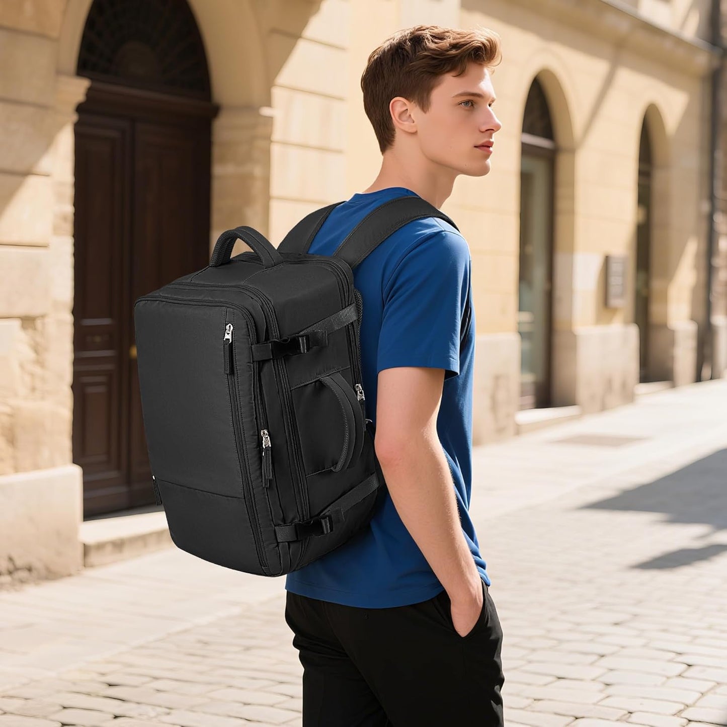 Hanples Travel Backpack for Women Men Large Carry On Person Item Flight Approved 17 In Laptop Backpack Waterproof anti theft Casual Luggage with 2 Toiletry Bag(Black)