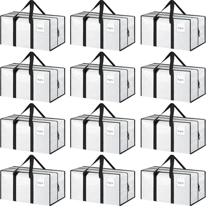 12 Pack Extra Heavy Duty Large Moving Bags with Strong Zipper & Comfortable Handles, Sturdy & Durable Clothes Storage Bags Totes Bins, Packing Moving Boxes for College Supplies, White