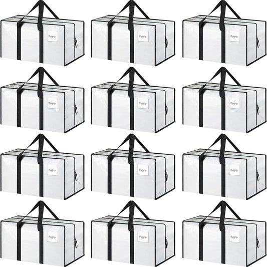 12 Pack Extra Heavy Duty Large Moving Bags with Strong Zipper & Comfortable Handles, Sturdy & Durable Clothes Storage Bags Totes Bins, Packing Moving Boxes for College Supplies, White