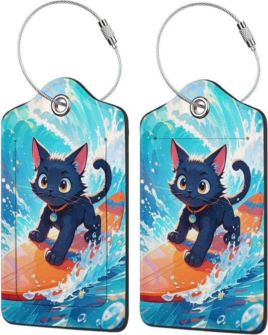Fun Luggage Tags for Suitcases Leather Name Tag for Luggage Cute Travel Baggage Tags for Carnival Cruise Ships with Funny Patter 2pcs (Surf Cat)