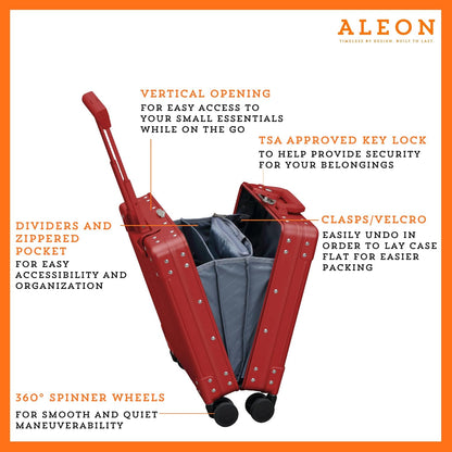 Aleon 16” Aluminum Vertical Underseat Carry-On Luggage - Luxury Business Briefcase with Wheels - Hardshell Suitcase for Airplane Travel (Ruby)