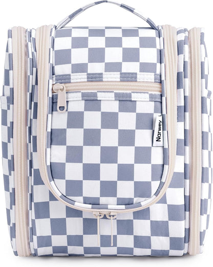 Narwey Small Checkered Hanging Travel Toiletry Bag for Women, Travel Bag for Toiletries, Makeup Bag Organizer Cosmetic Bags Make Up Bags for Women (Grayish Blue Checkerboard)