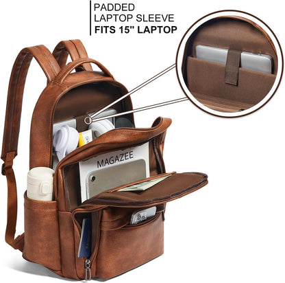 30L Business Laptop Backpack for Women Men, Travel Work Backpack Purse Faux Leather College Bookbag fits 15.6" Laptop - Brown