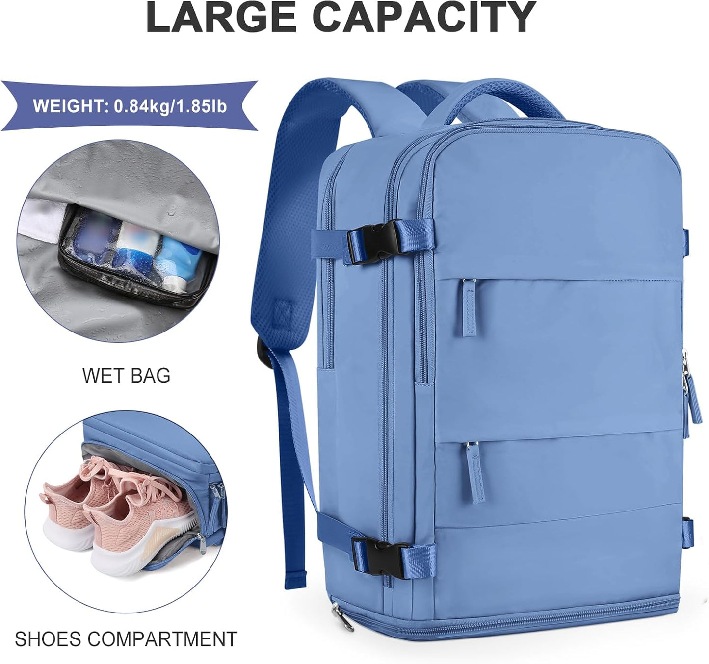 coowoz Large Travel Backpack For Women Men,Carry On Backpack Flight Approved,Hiking Backpack Outdoor Rucksack Casual Daypack Fit 15.6 Inch Laptop Shoes Compartment (Sky Blue L)