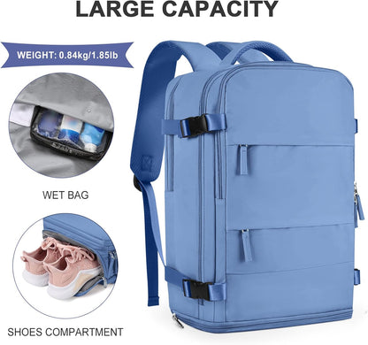 coowoz Large Travel Backpack For Women Men,Carry On Backpack Flight Approved,Hiking Backpack Outdoor Rucksack Casual Daypack Fit 15.6 Inch Laptop Shoes Compartment (Sky Blue L)