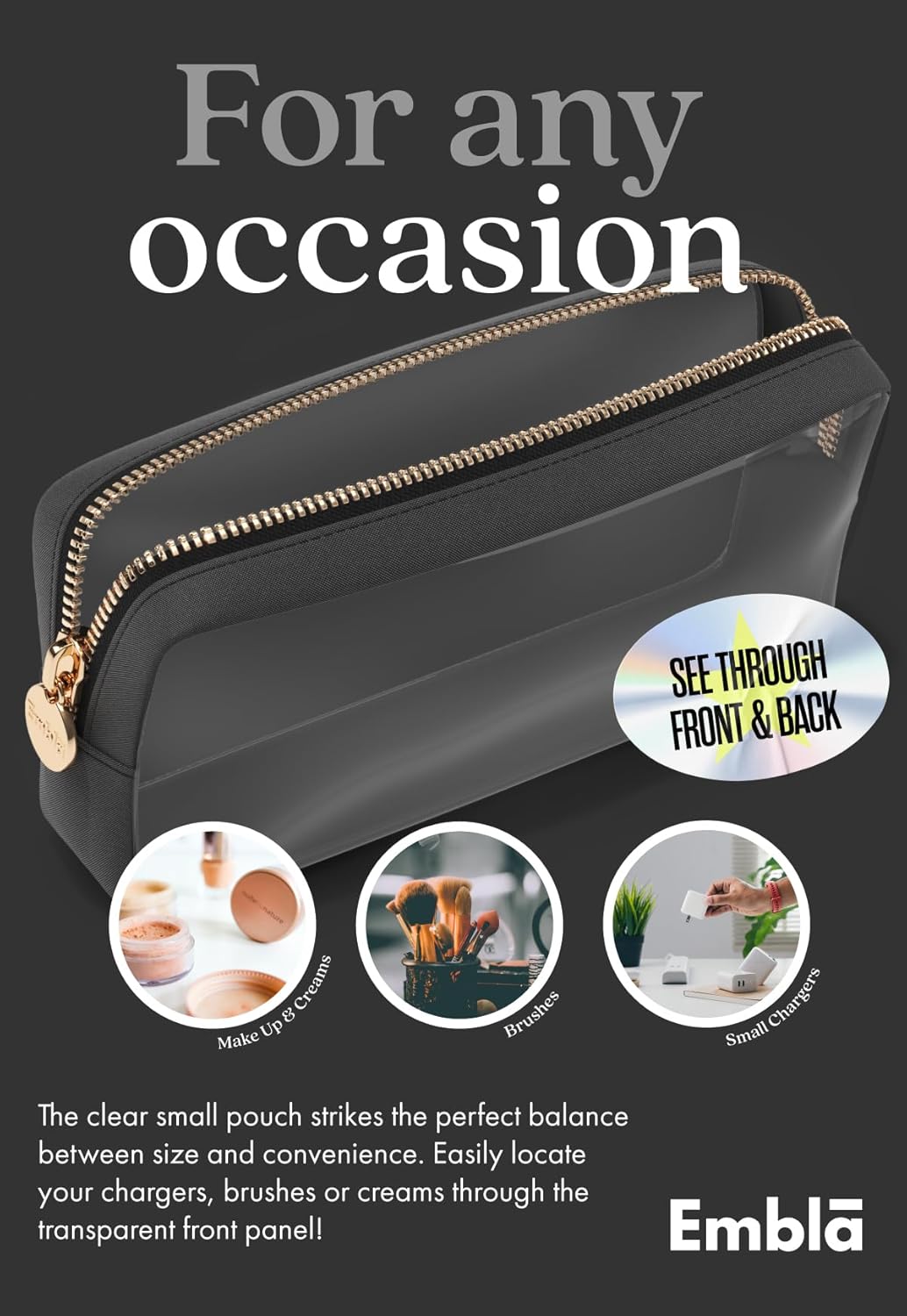 Clear Makeup Bag Zipper Pouch, Transparent Cosmetic Case Organizer, TSA Approved Travel Toiletry Case, Travel Accessories Essentials Makeup Tote for Women, Small Cute Make up Bag for Purse - Black