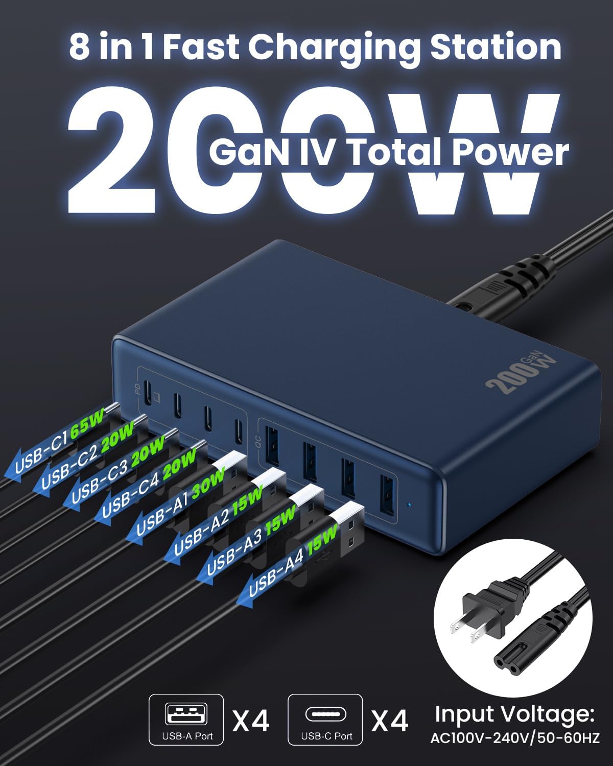 200W USB C Charger Block,GaN IV Charging Station 8 Ports,QC4.0 Fast Charging Station Hub+PD 65W USB C Laptop Charger Adapter Compatible with MacBook Air/Pro,DELL,iPhone 16/15,iPad,Steam Deck-Deep Blue