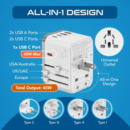 Ceptics 6-in-1 Universal Travel Adapter with 2X USB-A and 3X USB-C, 45W for Global Use, Compatible with US, EU, UK & More, White