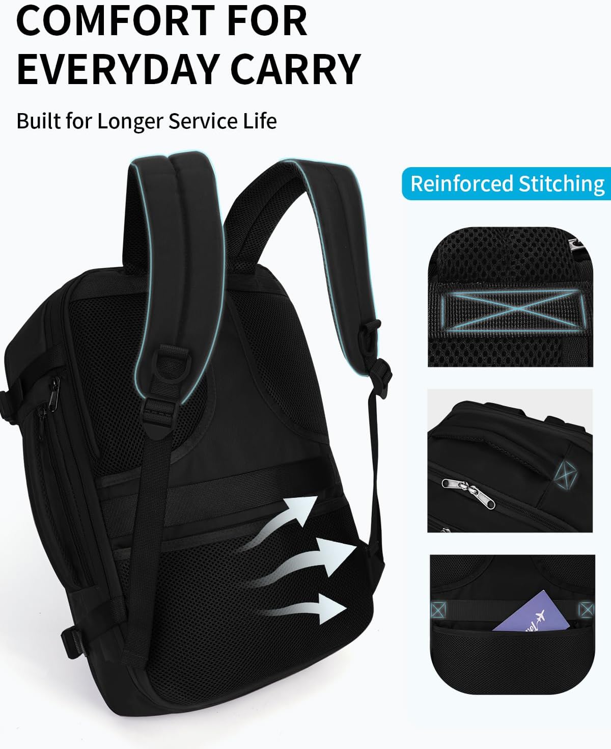 ECOHUB 30L Carry on Travel Backpack for Men Women 18x14x8, 17 inch Expandable Airlines Personal Item Bag Water Resistant Laptop Backpack Flight Approved with USB Slot & Wet Pocket, Black