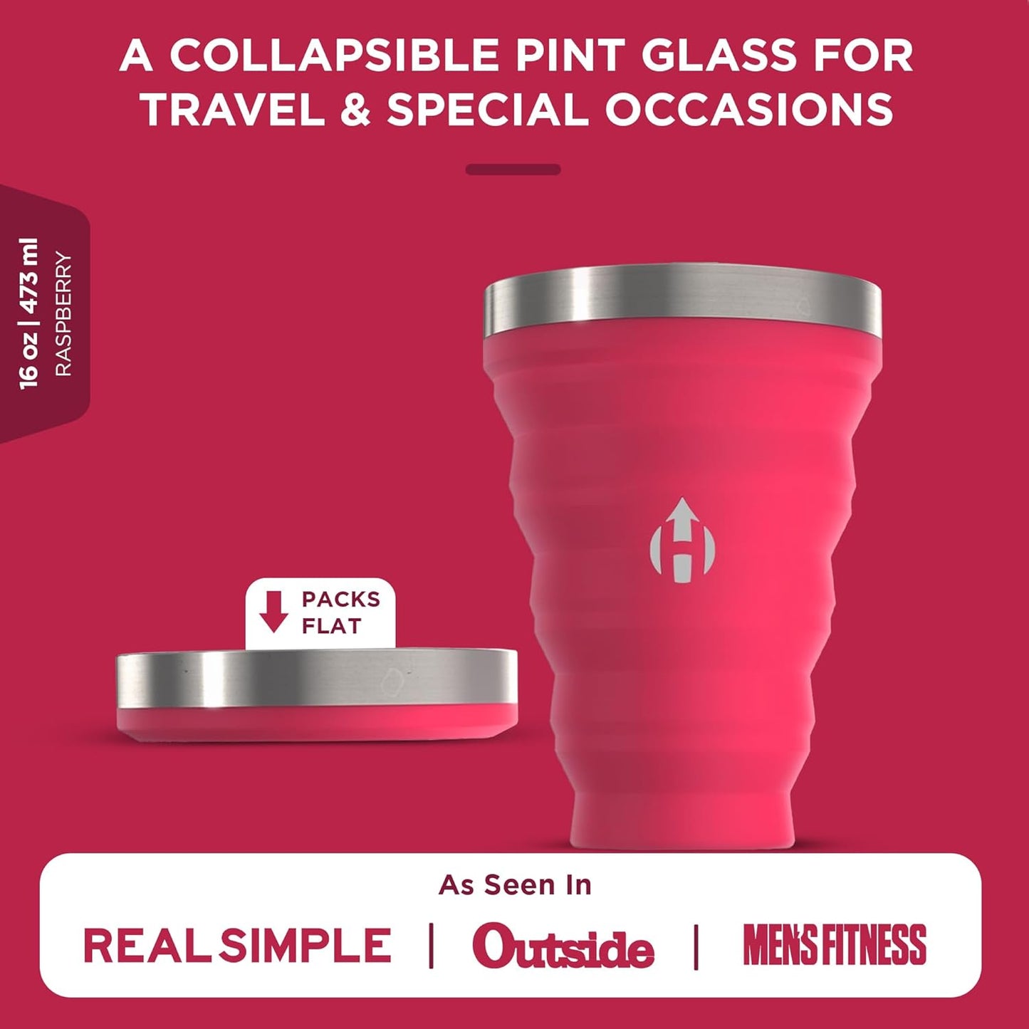 HYDAWAY 16oz Collapsible Pint - BPA-Free Silicone Cup with Stainless Steel Rim - Reusable, Packable, and Durable for Camping, Travel & Everyday Use