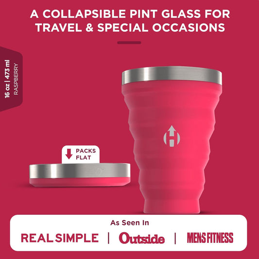 HYDAWAY 16oz Collapsible Pint - BPA-Free Silicone Cup with Stainless Steel Rim - Reusable, Packable, and Durable for Camping, Travel & Everyday Use