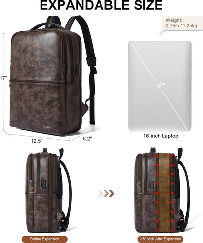 Vegan Leather Laptop Backpack for Women&Men,16 Inch Expandable Backpack with USB Charging Port,Two-toned Coffee