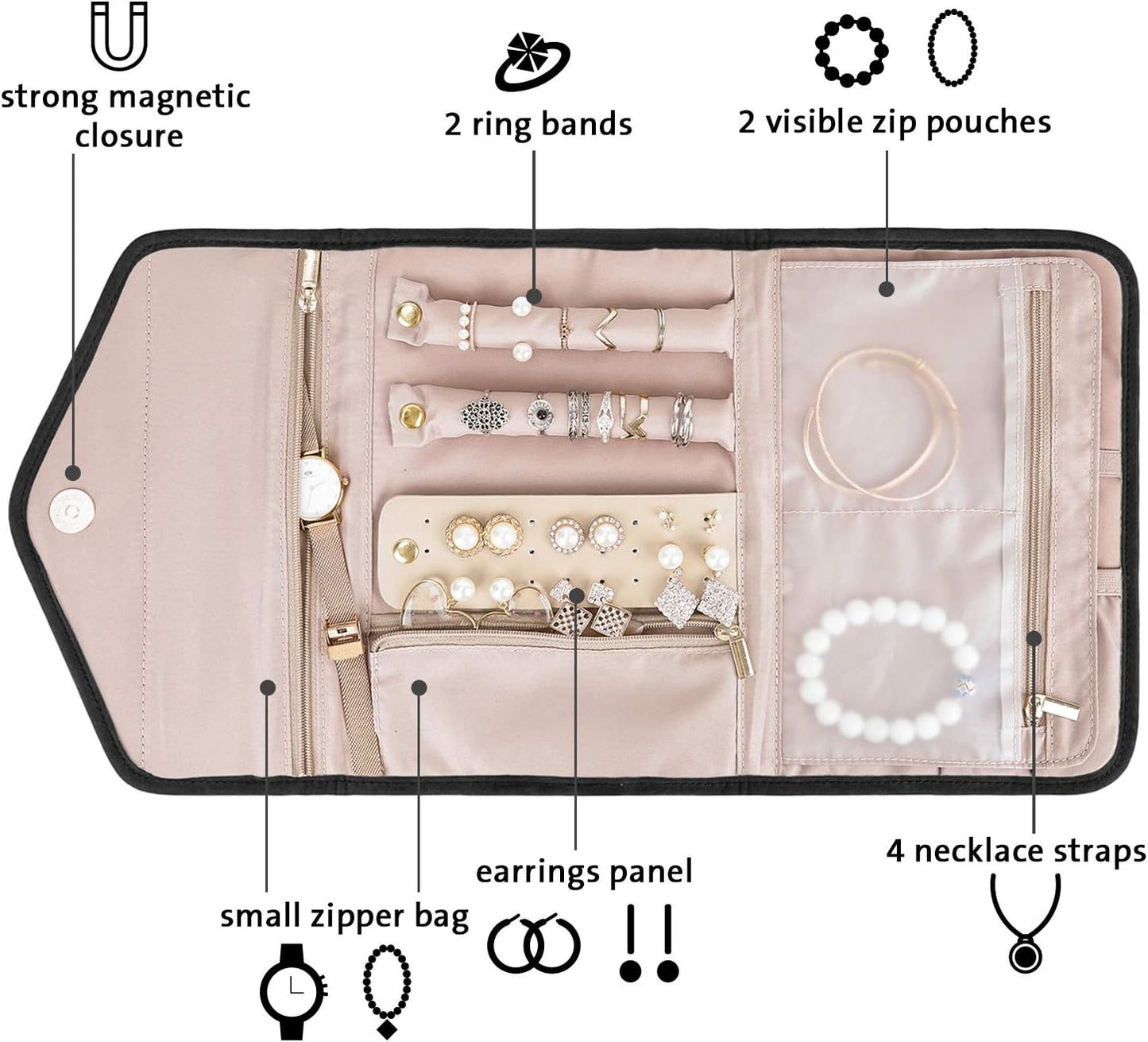 BAGSMART Travel Jewelry Organizer Roll Foldable Jewelry Case for Journey-Rings, Necklaces, Bracelets, Earrings, Black