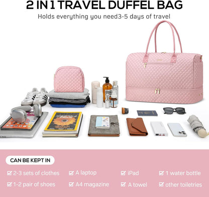 Travel Weekender Bags for Women - Duffle Bag Women with Shoe Compartment Carry On Overnight Bag with Toiletry Bag Duffel Bags with Wet Pocket for Gym Hospital Bags for Labor and Delivery Pink
