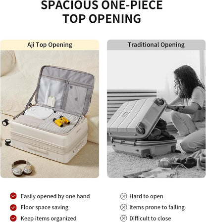 aji Expandable Top Open 24 Inch Checked Luggage with Spinner Wheels, Large Suitcase with TSA Lock, Hardside Travel Luggage Suitcases for Men Women, for 14+Days Travel, Coconut White