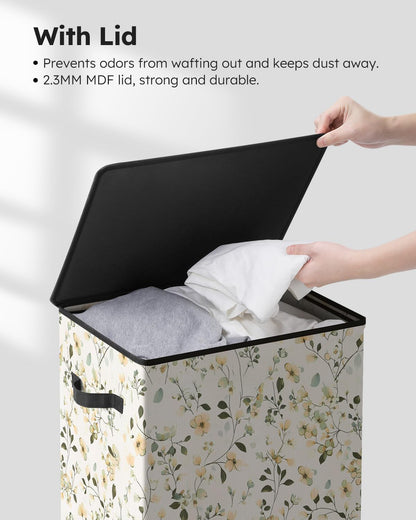 SOLEDI Laundry Hamper with Lid, 90L Tall & Large Floral Laundry Basket, Collapsible Clothes Hamper with Removable Bag, Dirty Hampers for Bedroom, Bathroom, Laundry Room