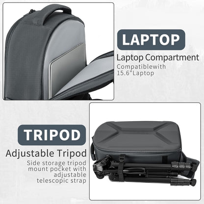 TORIBIO Camera Backpack, Hardshell DSLR Photography Camera Bag, Waterproof Hard Shell Camera Case with Tripod Holder & 15.6" Laptop Compartment Compatible with Canon/Nikon/Sony/DJI Mavic Drone