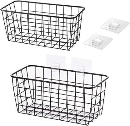 2 Set Hanging Wall Basket Organizer Over the Cabinet Door Wire Baskets for Organizing -No Drilling Adhesive Wall Storage Basket, Space-Saving Hanging Baskets for Organizing Wall Mount Storage,Black