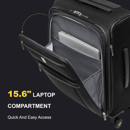 LEVEL8 Carry On Luggage Airline Approved with Compartment, Softside Expandable Rolling Suitcase with Spinner Wheels, Black, Carry-On 20-Inch