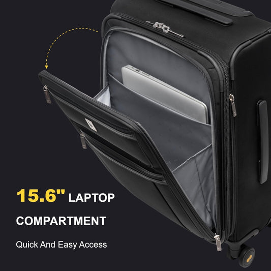 LEVEL8 Carry On Luggage Airline Approved with Compartment, Softside Expandable Rolling Suitcase with Spinner Wheels, Black, Carry-On 20-Inch