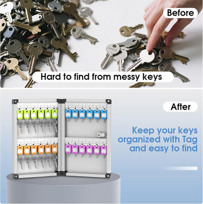 24 Slots Lock Box for Keys Wall Mount, Locking Key Cabinet, Key Storage Box with Key Hooks & Tags & Lables, 8.45" x 2.55" x 13" (Black-Key Lock, 24 Keys)
