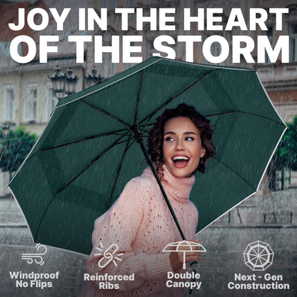 Royal Walk Windproof Folding Travel Umbrella Compact and Strong Luxurious Real Wood Handle Automatic Open Close Vented Double Canopy for Men and Women