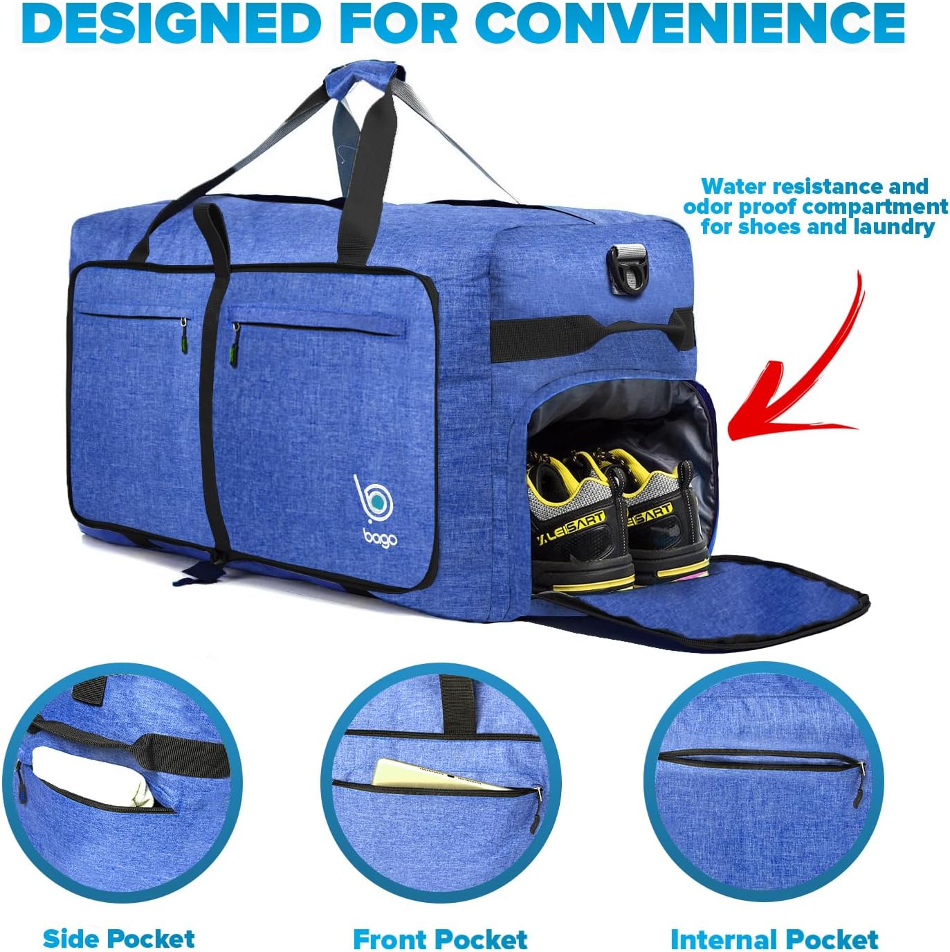 Bago Big XXL Foldable Duffel Bags for Traveling Women & Men - 140L Packable Duffle Bag for Travel with Shoe Compartment - Water Repellant, Heavy Duty, Lightweight Folding & Collapsible (SnowDepBlue)