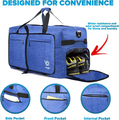 Bago Big XXL Foldable Duffel Bags for Traveling Women & Men - 140L Packable Duffle Bag for Travel with Shoe Compartment - Water Repellant, Heavy Duty, Lightweight Folding & Collapsible (SnowDepBlue)