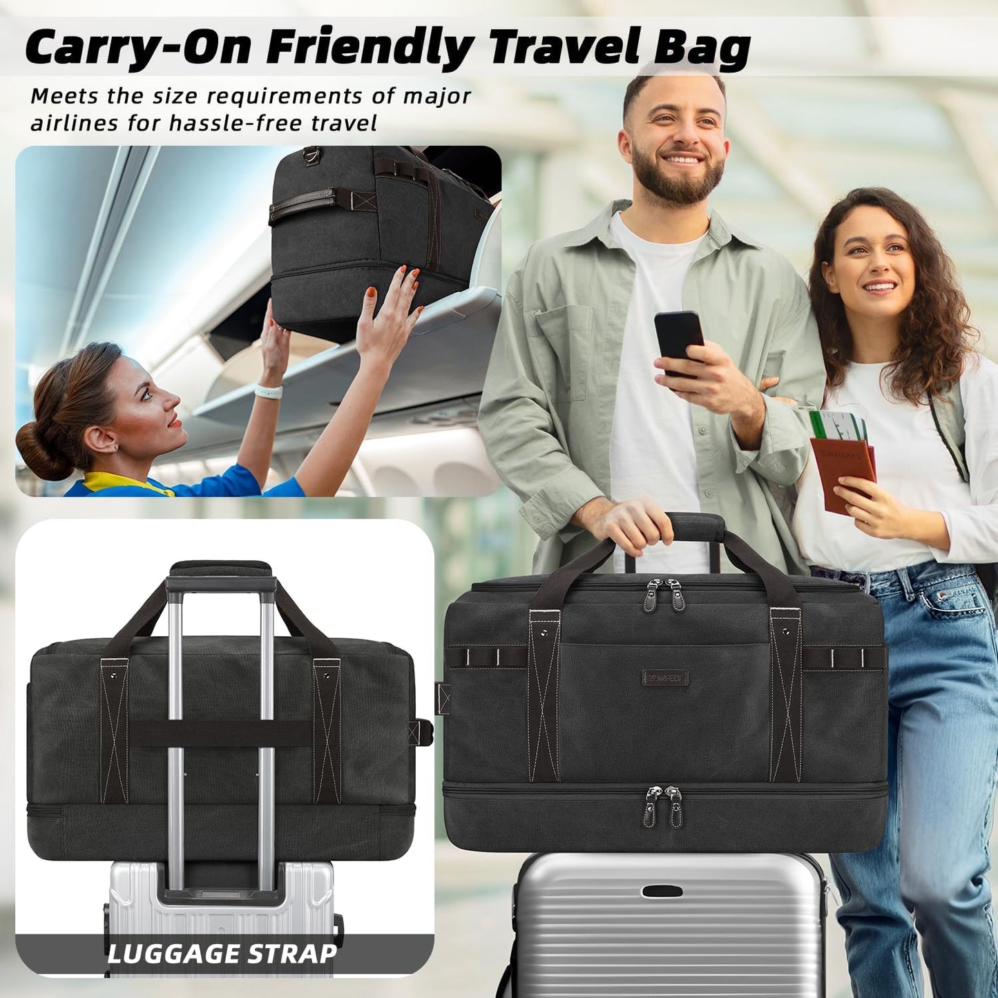 ZOMFELT Travel Duffle Bag for Men, Waterproof Canvas Overnight Duffel Bag with Removable Dividers & Shoe Compartment, Carry On Weekender Gym bag, Multi-Pocket & Vintage Design (Washed Black)