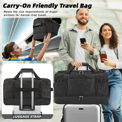 ZOMFELT Travel Duffle Bag for Men, Waterproof Canvas Overnight Duffel Bag with Removable Dividers & Shoe Compartment, Carry On Weekender Gym bag, Multi-Pocket & Vintage Design (Washed Black)