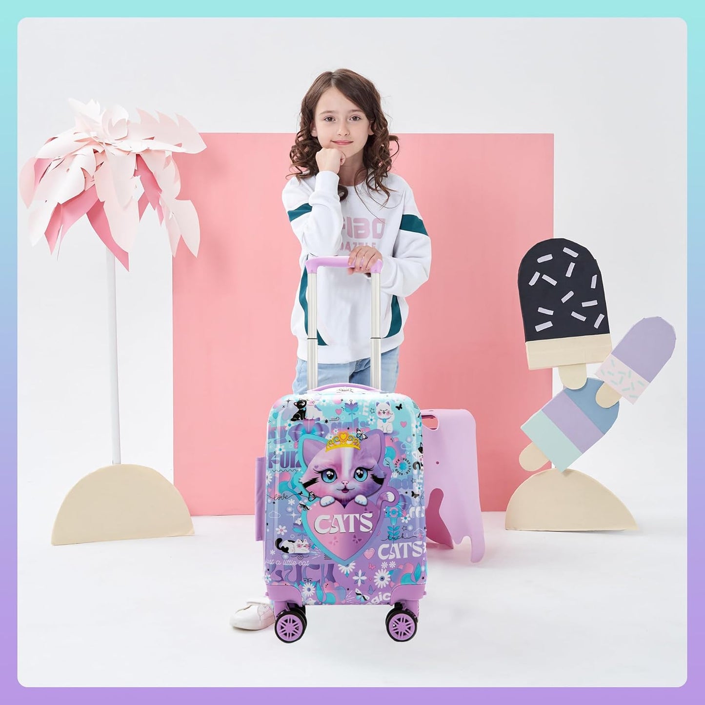 Cute Cat Kid's Luggage Set 2 Piece Suitcase Set 16" Hardside Luggage with Spinner Wheels Girls Carry on Toddler Travel Rolling Luggage Airline Approved