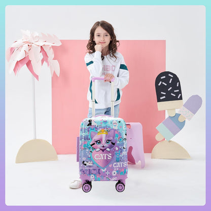 Cute Cat Kid's Luggage Set 2 Piece Suitcase Set 16" Hardside Luggage with Spinner Wheels Girls Carry on Toddler Travel Rolling Luggage Airline Approved