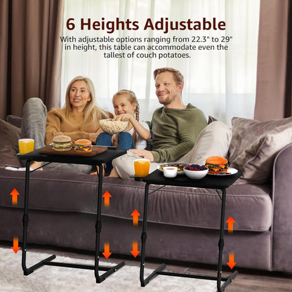 Adjustable TV Tray Black Dinner - Folding Trays for Eating On Couch Wooden Tables Mate Stand Foldable Desk with Cup Holder Portable