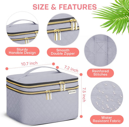 Large Makeup Bag with Mirror Double Layer Travel Make Up Organizer Case, Large Capacity Coemetic with Brush Slot Divider, Travel Toiletry Bag for Women (Grey)