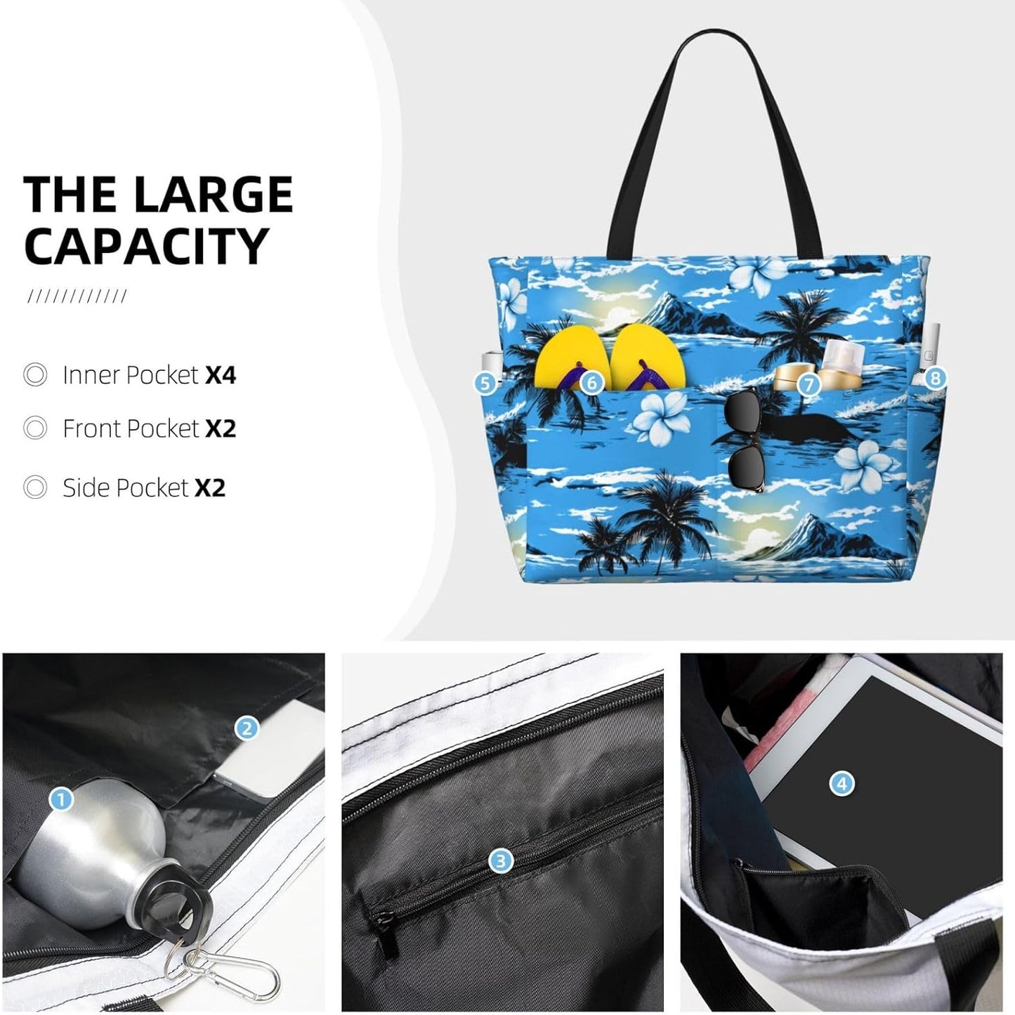 Beach Bag for Women Beach Tote Bag Waterproof Sandproof Large Bags with Zipper Big Capacity for Vacation Travel