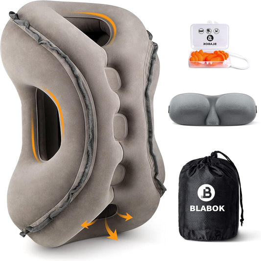 Inflatable Travel Pillow,Multifunction Travel Neck Pillow for Airplane to Avoid Neck and Shoulder Pain,Support Head,Neck,Used for Sleeping Rest, Airplane and Home Use,with Eye Mask, Earplugs,Gray