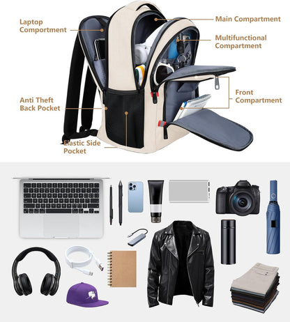 Travel Laptop Backpack for Women, School Backpack with USB Charging Port,Water Resistant Backpack for Girls, Business Work College bookbag,book bag Fits 15.6 Inch,Beige Back Pack