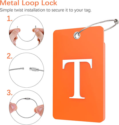 Gostwo 2 Pack Luggage Tags for Suitcases, 26 Initial Letter Travel Luggage Baggage Identification Labels ID Tag Fully Bendable Tags with Stainless Steel Loop (Orange) (Letter T)