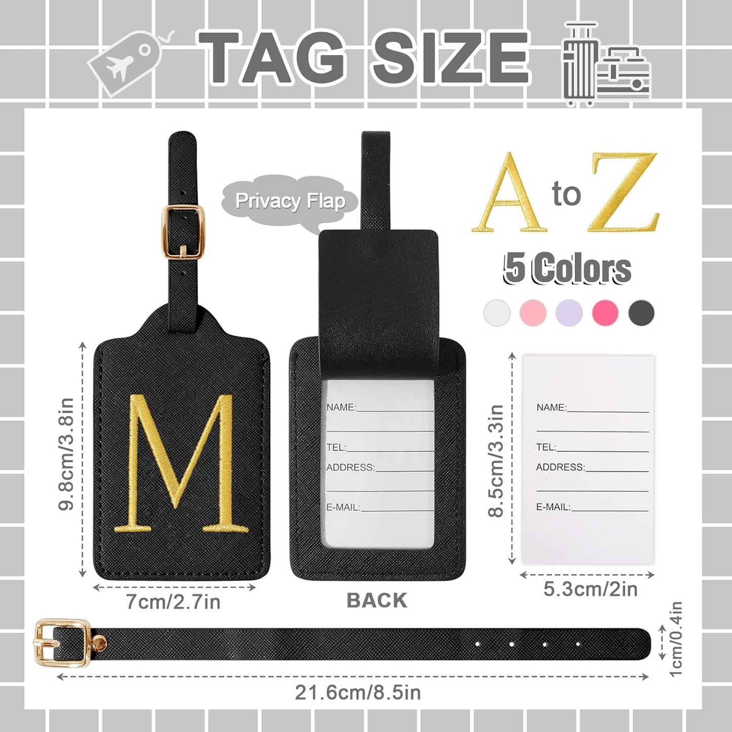 Personalized Initial Luggage Tags for Suitcase TSA Approved, Black Leather Cute Luggage Tag with Privacy Cover Name Card, Embroidered Custom Luggage Tags Travel Backpack Tags Gifts for Women Kids(M)