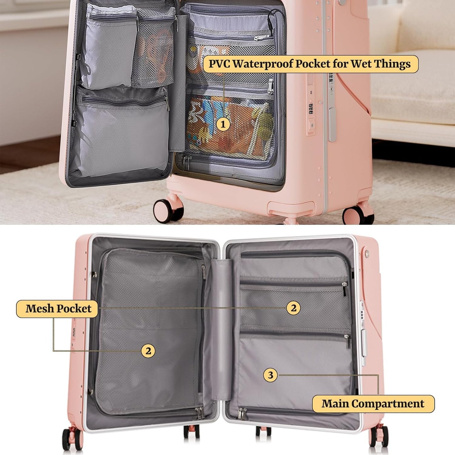 20" Hardshell Carry On Suitcase with Seat for Kids & Adults,Travel Luggage with Front Pocket & 4 Lockable Spinner Wheels, TSA Lock, USB Port, Luggage Cover, Safty Seatbelt