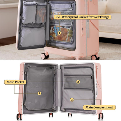 20" Hardshell Carry On Suitcase with Seat for Kids & Adults,Travel Luggage with Front Pocket & 4 Lockable Spinner Wheels, TSA Lock, USB Port, Luggage Cover, Safty Seatbelt