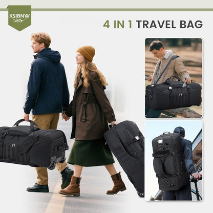 KSIBNW Rolling Duffel Bag with Wheels and Handle, 4 In 1 Tactical 86L Military Backpack with Hidden Straps,Waterproof Wheeled Large Duffle Bag for Travel,Durable MOLLE Luggage for Men & Women, Black