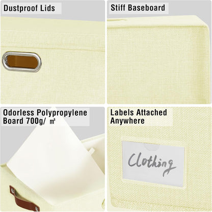 17" Large Collapsible Storage Bins with Lids, Stackable Closet Organizers with PU Handle and Labels, 3-Pack Decorative Fabric Storage Boxes for Home, Bedroom, Closet, Office, Nursery(Beige)