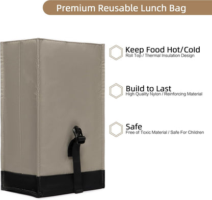SUNNY BIRD Insulated Lunch Bag Rolltop Lunch Box Tote Bag for Women, Men, Adults and Teens (Grey and black)