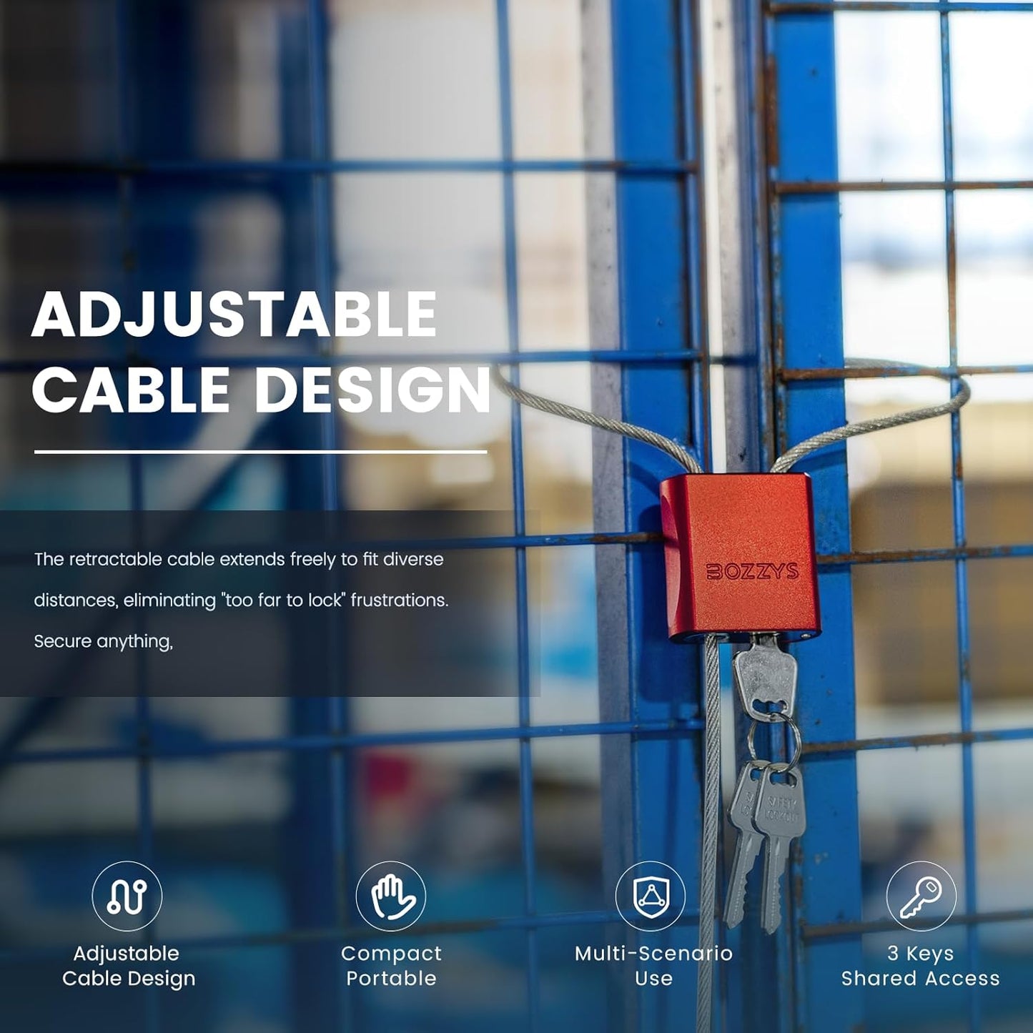 Adjustable Cable Locks with 3 Keys | 3.28ft L x 1/6in D Aluminum Steel Cable Padlock for Bikes, Gate, Lockers & Outdoor Gear | Keyed Different & Red