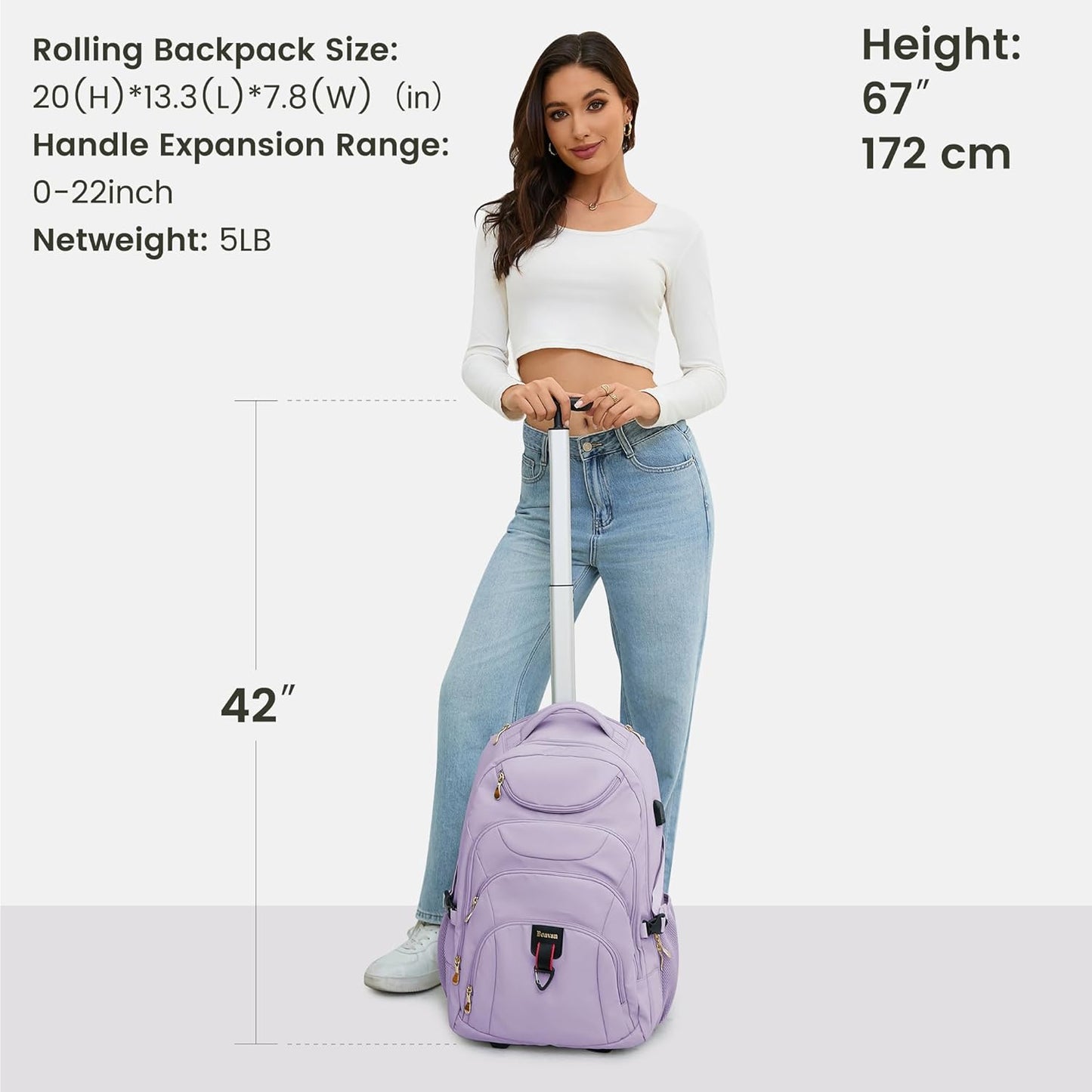 Boavan Rolling Backpack for Women, 17.3 Inch Wheeled Laptop Backpack,Large Travel CarryOn Bag for Teachers College Students, USB Charging Port Waterproof Business for Airplane Overnight Luggage，Purple